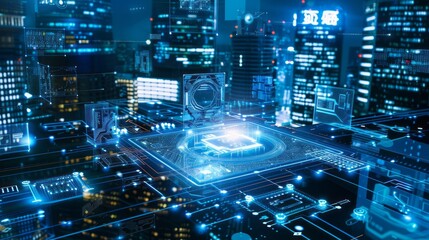 Poster - Digital Cityscape With Illuminated Circuit Board and Glowing Processors