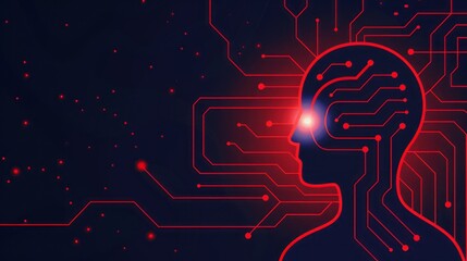 Poster - Red Circuitry Silhouette of a Human Head on Dark Blue Background