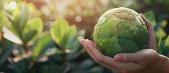 human hand holding a green globe with growing trees