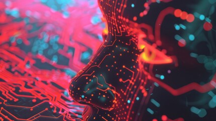 Poster - Abstract Digital Face With Circuitry and Red and Blue Lights