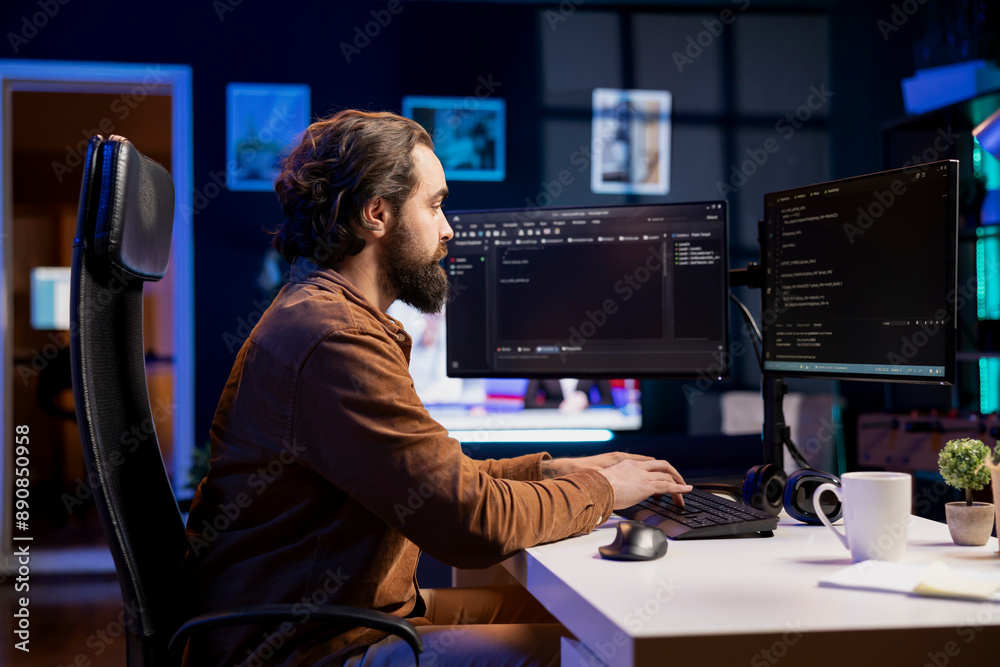 Computer engineer working from home securing company servers from DDoS ...