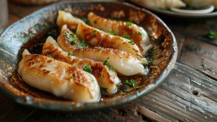 Wall Mural - Five golden-brown dumplings garnished with greens on rustic plate