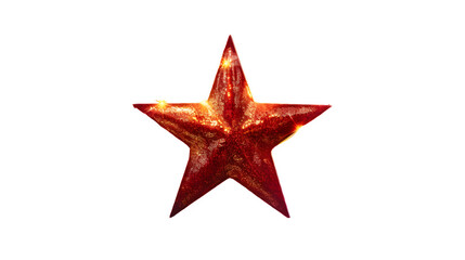 Five-pointed faceted sparkling red star on a transparent background