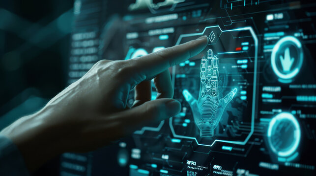 Hand interacting with futuristic digital interface. Advance and innovation