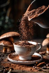 Poster - A cup of coffee being poured with cocoa powder, perfect for a cozy morning or afternoon