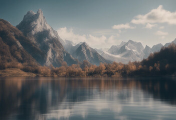 beautiful mountain range with a large body of water in the foreground isolated on transparent backgr