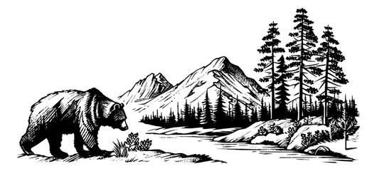 Wall Mural - bear mountain landscape engraving black and white outline