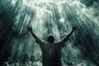 © Lifetouch AI - Christian praying to God and man shouting with arms raised to God, pain and trial and sorrow darkness and bright light and rays, hope and despair, Generative AI