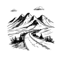 Wall Mural - mountain road landscape engraving black and white outline