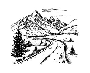 mountain road landscape engraving black and white outline