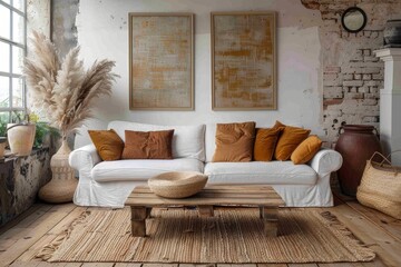 Rustic coffee table near white sofa with brown pillows against wall with two poster frames. Boho ethnic home interior design of modern living room, Generative AI