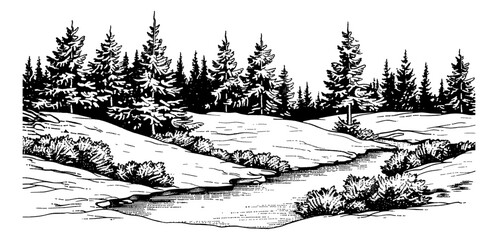 winter landscape engraving black and white outline