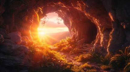 Wall Mural - Sunrise Resurrection: Illuminated Empty Tomb Signifying Renewal and Hope in Jesus Christ's Triumph