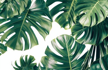 Canvas Print - Lush Green Monstera Leaves Against White Background