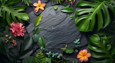 Canvas Print - Round Black Slate Stone Surrounded by Tropical Greenery and Flowers