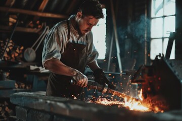 Fototapete - A person works on a piece of metal using machinery