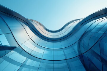 Wall Mural - 3D stimulate of high rise curve glass building and dark steel window system on blue clear sky background,Business concept of future architecture,lookup to the angle of the corner, Generative AI