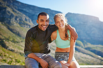 Wall Mural - Portrait, man and woman on mountain for fitness, support and confidence in marathon training together. Smile, hug and happy runner with personal trainer, athlete and relax on outdoor nature workout