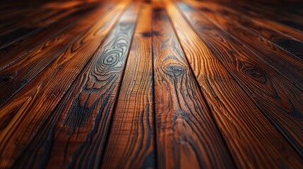 Wall Mural - Richly Stained Dark Brown Hardwood Plank Pattern Closeup with Blurred Background