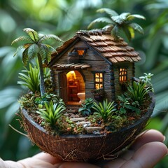 Sticker - Miniature House in Coconut Shell