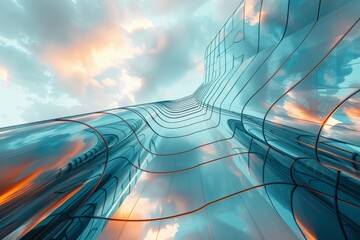 Wall Mural - 3D render of futuristic architecture, Skyscraper building with curve glass window, Generative AI