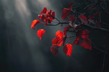 Poster - A close-up view of a tree branch with vibrant red leaves, suitable for use in autumn-themed designs and compositions