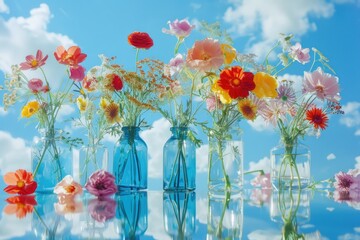 Poster - A collection of vases filled with various colored flowers