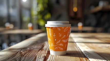 Poster - A single coffee cup placed on a wooden table, possibly waiting for its owner to take a break