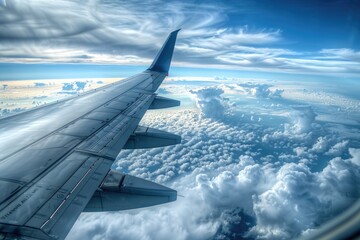 Poster - An image of a airplane wing flying high above fluffy white clouds, great for use in travel or aviation-related contexts