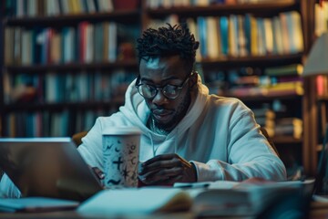 Black happy student drinking and studying at home, Generative AI