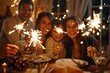 © Just Bella - celebration, holidays and christmas concept - happy family with sparklers having fun at dinner party at home, Generative AI