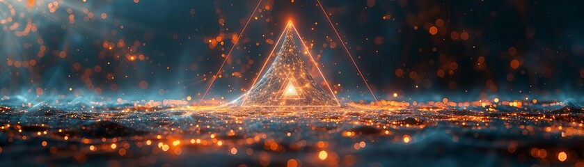 Poster - futuristic glowing triangular pyramid structure in a digital landscape, surrounded by particles and 
