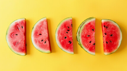 Canvas Print - Slices of bright red watermelon are lined up on a yellow background.