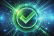 © Man888 - A green tick symbol hovers in mid-air, surrounded by a futuristic digital glow, representing compliance, certification, or audit success in a modern business environment.