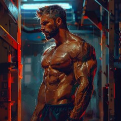 Portrait of handsome muscular man standing in the background of sport gym. created with generative AI technology, Generative AI