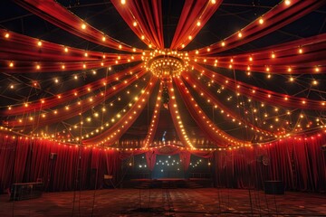 Aufkleber - A colorful circus tent decorated with red curtains and string lights, perfect for events or parties
