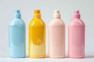 Five empty plastic cosmetics bottles pastel colors on white background. Bath accessories for body care, spa skincare concept, Generative AI