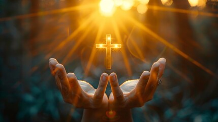 Background with a bright shining sun and a holy cross symbolizing the death and resurrection of Jesus Christ held by two hands, Generative AI