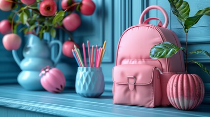 Wall Mural - Pink Backpack On Blue Shelf With Apples And Pencil Holder