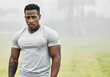 © Courtney/peopleimages.com - Serious, fitness and portrait with black man in park for exercise, bodybuilding and cardio. Health, weight loss and workout with face of runner training in nature for sports, performance and wellness