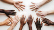 © EliteStockPhotos - Diverse hands reaching out in unity on a neutral background, symbolizes collaboration and inclusivity, ideal for campaigns promoting diversity and social harmony.