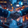 © Arma - Capture the essence of networking and partnership with a dynamic image of two professionals shaking hands amidst a vibrant urban backdrop, enhanced by a digital overlay symbolizing connection.