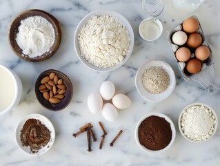 Assorted baking ingredients on marble countertop for a delightful baking project preparation