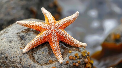 Close-up of a starfish on a textured rock, its arms vividly colored