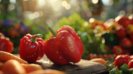 Canvas Print - Vibrant Fresh Vegetables Display in Sunlight. Close-up of a Red Pepper on a Table. Ideal for Food Photography and Healthy Eating Promotions. Showcasing Natural Colors and Fresh Produce. AI