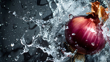 Wall Mural - red onion with splashing water on black background