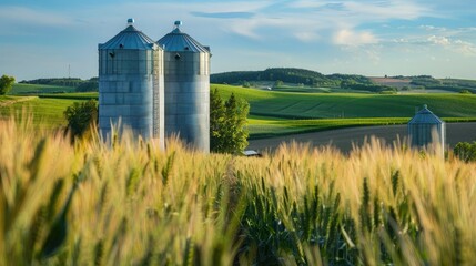 Poster - A close-up of grain silos with the backdrop of a peaceful rural landscape.