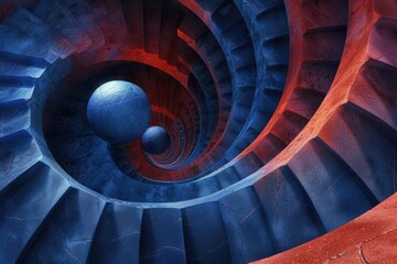 Poster - A spiral staircase with a blue ball in the center, ideal for illustrations and designs