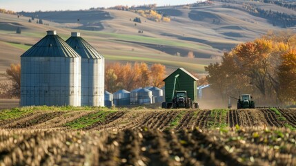Poster - A cluster of grain silos near a farm, with a tractor plowing fields in the background.