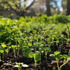 Poster - A lush garden bed with a carpet of young green seedlings thriving in the sunlight.